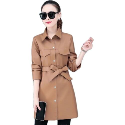 Mid-Length Women Leather Coat Jacket Spring Autumn PU Leather Coats Iocomotive Female Casual Windbreaker Outwear With belt W812