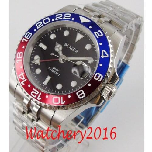 40mm BLIGER Black Dial Sapphire Date GMT Luminous Automatic jubilee mens Watch