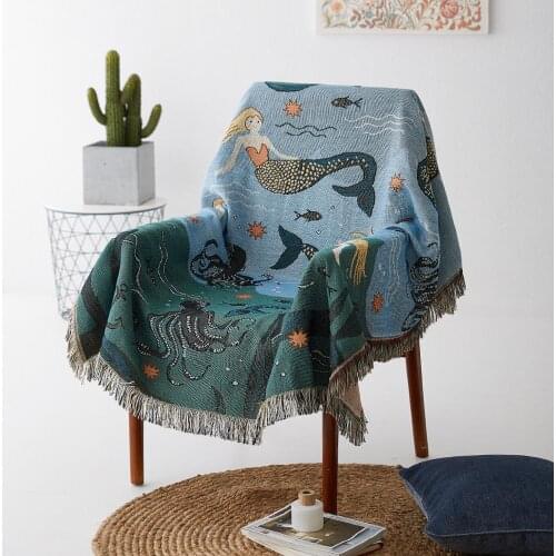 Mermaid Pattern Blanket Vintage Throw Multifunction Sofa Covers Slipcover Europe Style Stitching Travel Plane Blanket Cotton