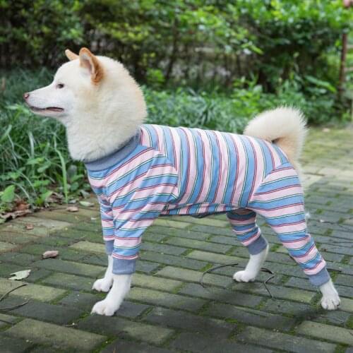 Dog Recovery Suit Striped Dog Onesie Full Coverage Dog Bodysuit Long Sleeve 4 Legs Pajamas for Medium Large Dogs