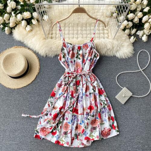 Seaside Holiday Dress Summer New Style Small Fresh Print Lace Slim Short Sling Beach Skirt