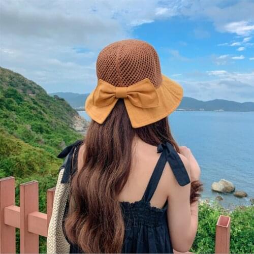 Summer Fashion Sun Hat Bucket Cap Bowknot Straw Hat Womens Outdoor Beach Cap for Women UV Protected Hat