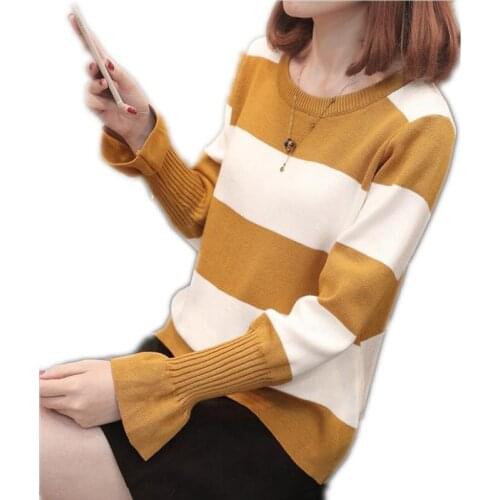Women Autumn Winter Sweater 2018 New Fashion Striped Female Knitted Tops Short Long Sleeve O-Neck Pullovers Female Knitwear Q996