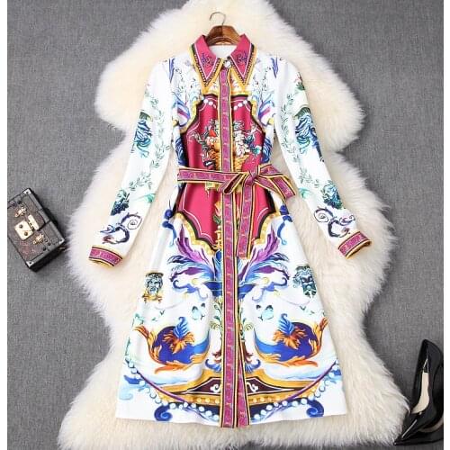 Spring Womens New Palace Wind Printed Diamond Lace-up Waist Shirt Dress Straight Dress T3731