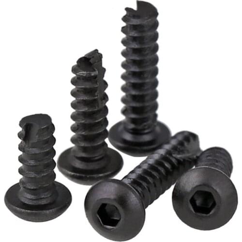 50Pcs M2 M2.6 Grade 8.8 Carbon Steel Black Round Head Hex Socket Self-tapping Screws Pan Head Flat Tail Self Tapping Screw