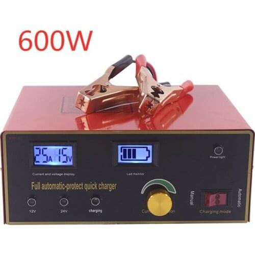 600W 25A Smart Automatic 12V/24V Car Storage Battery Charger LCD 5-stage Intelligent Pulse Repair for Lead Acid Battery 36-400AH