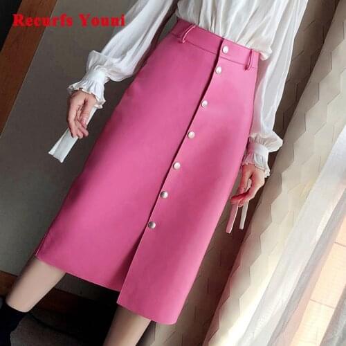Winter Women High Waist Sweety Simple Genuine Leather Long Skirt Ladies Over Knee Straight Row Single-breast Maxi Jupe Femme