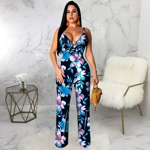 Womens Floral Print Wide Leg Long Jumpsuit Summer Deep V Neck Sleeveless Full Length Romper Elegance Spaghetti Strap Bodysuits