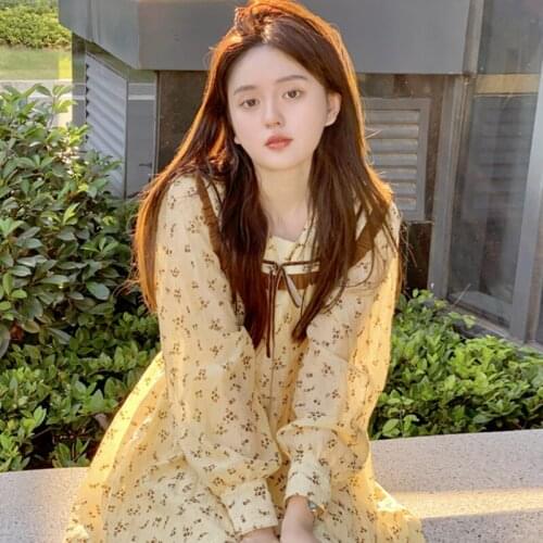 Women Dress 2021 New Style Korean Fashion Elegant Sweet Wood Ears Lapel Print Design Floral Long-sleeved Dresses Vestidos