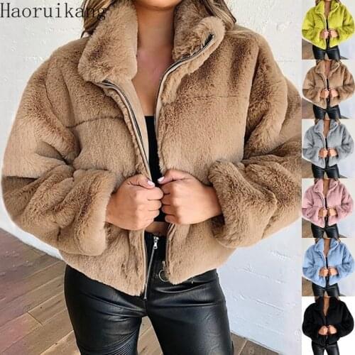 Women Faux Rabbit Fur Warm Coat Solid Winter Thick Teddy Coat Outwear Plus Size Zipper Long Sleeve Jackets Female Overcoat