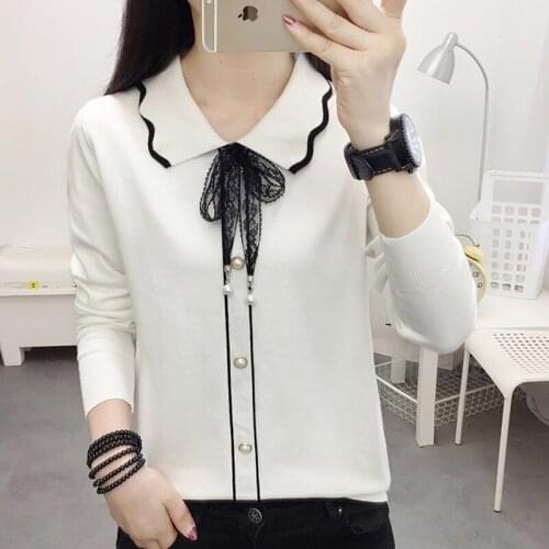 Women White Sweater Bow Lace Elegant Womens Knitted Sweaters Long Sleeve Soft Knit Pullover Jumper Mujer Pull Femme 2020 Winter