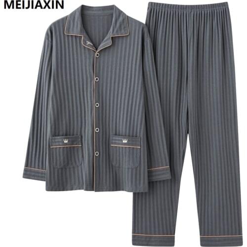 Winter Knitted Cotton Men Sleepwear Long Tops+Long Pants Two Pieces Set Pajamas Loose Soft Plus Size L- 5XL Male Pijamas
