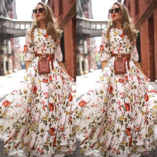 2019 Fashion Womens Maxi Bohemia Tunic Loose Casual Dress Floral Print Summer Beach Evening Party Long Dress