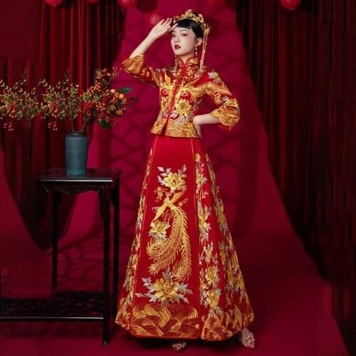2020 Royal Phoenix Embroidery Costume Vintage Chinese Style Bride Wedding Cheongsam Formal Dress Traditional Tang Suit Qipao