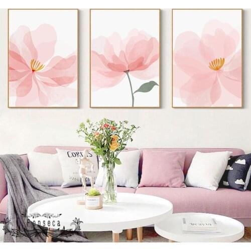Watercolor Delicate Pink Floral and Green Leaves Poster Abstract Nordic Canvas Painting Wall Art Picture Living Room Decoration