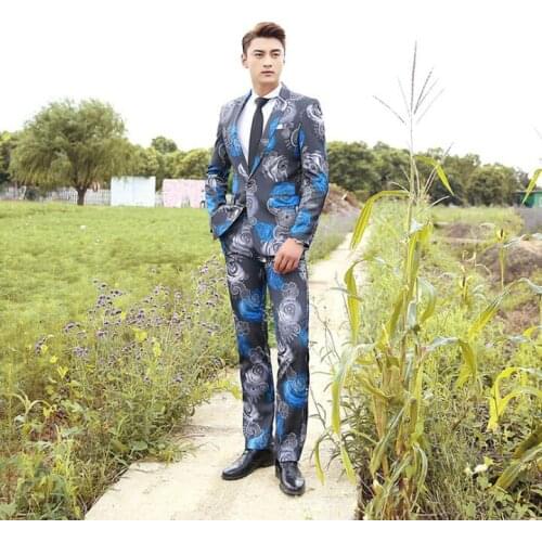 Blazer men groom suit set with pants mens wedding suits printing singer star style dance stage clothing formal dress