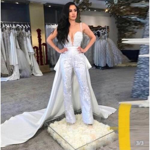 Boho Beach Jumpsuits Wedding Dresses 2021 Long Sleeve Pockets Crepe Bride Reception Jumpsuit Bridal Pantsuits Robe De Mariee