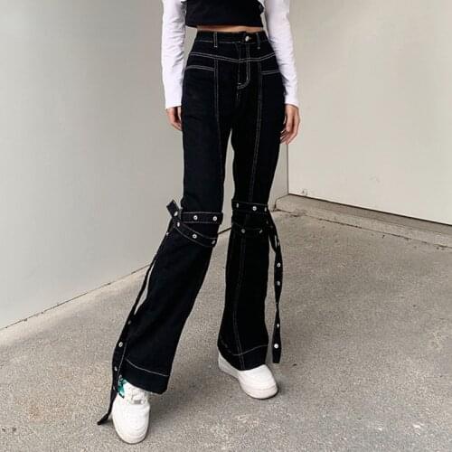 Gothic Grunge Black Jeans Harajuku Punk Wide Leg Women Pants Hip Hop High Waist Bandage Streetwear Rivet Trousers