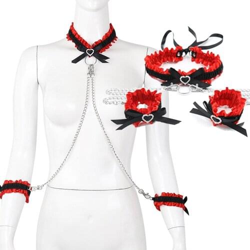 Erotic Goods BDSM Bondage Lace Bow Handcuffs Ankle Cuffs With Collar SM Restraints Sex Toys For Women fetish sex game sex tools