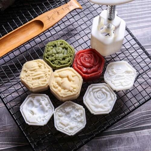 50g Mooncake Barrel Mold with 4pcs Square Flower Stamps Hand Press Moon Cake 11UA