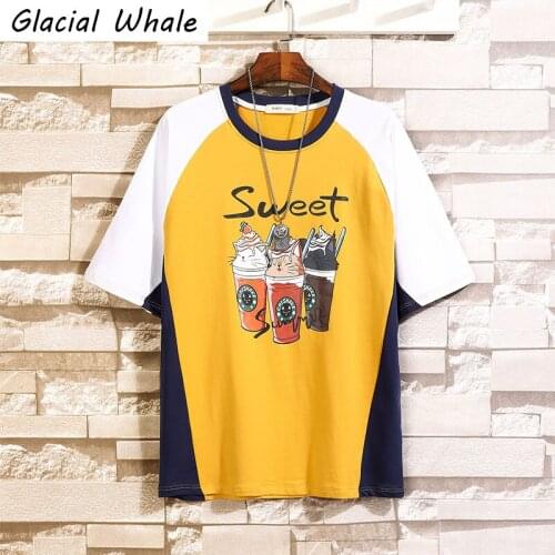 GlacialWhale Oversized Men T-shirt Women Summer Cute Patchwork T-shirts Japanese Streetwear Harajuku Tops Yellow T Shirt Female