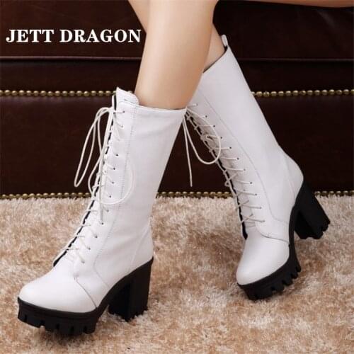 JETT DRAGON Winter The New Womens Boots Mid Boots Lace Up Thick Heel High Heels Big Size 34-43 Heel 9cm Black White Brown