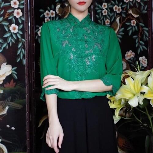 Chinese Style Stand Collar Three-Quarter Sleeves Elegant Silk Shirt Retro Button Embroidery Top Plus Size M-XXL