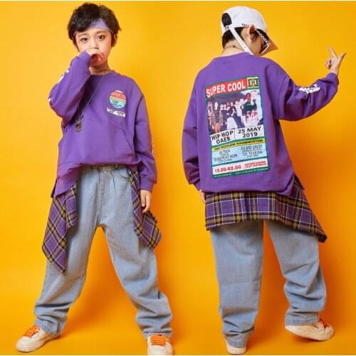 Hip Hop Dance Costumes Kids Purple Jazz Street Dance Practice Performance Clothing Long Sleeve Rave Outfit Casual Clothes DC2926