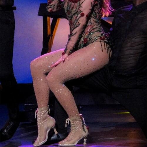 Leggings bodysuit women Colored rhinestones Fishnet Pattern Hollow Sexy Leggings Slim Women Mesh Black bodysuit Hot Sale