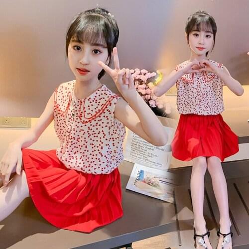Summer Kids Clothes Set Baby Girl Clothing Children Outfits Fashion Chiffon Lapel Tops + Pleated Skirt Suits for Girls 3-12 Year