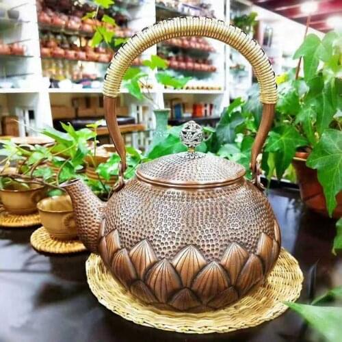 Handmade Copper Teapot Thicken Household Making Tea Vintage Style Plants Pattern Electroplated Shell Classic Health Pot Kettle
