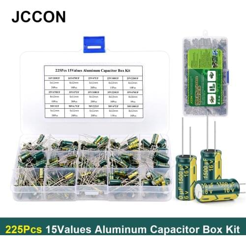 225Pcs/Box Capacitor Kit JCCON Aluminum Electrolytic Capacitors Set 15Values 16V-50V 1uF-470uF Assorted Kit Storage Low ESR