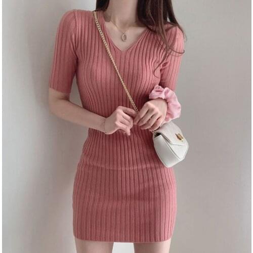 New Summer 2021 One Piece Korean Chic Elegant Sweet V-Neck Slim-Fitting Thread Icy Silk Knitted Dress Female Casual Short Dress