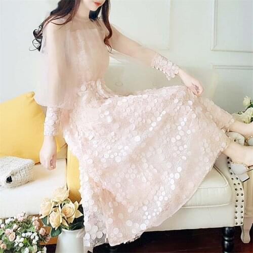 New Autumn Women Long Sleeve Lace Dress Big Size Sequined Dress Elegant Lady Long O-neck Party Dressess Vestidos Bottomings 891