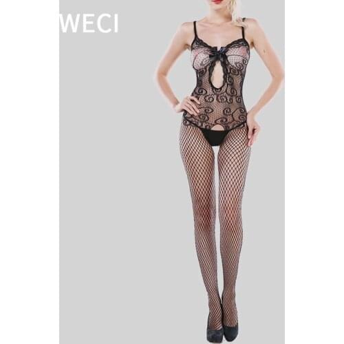 WECI Open Crotch Sexy Pantyhose Stockings On The Full Body With A Bow Neckline Openwork Mesh Tights Ripped Erotic Silonky Woman