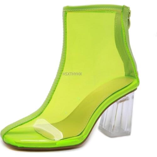 Sexy PVC Transparent Boots Round Toe Shoes Clear Chunky heels Mujer Women Boots Sandals Zipper 2021 New Autumn