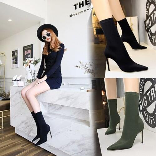 Simple Fashion Stretch Socks Boots Womens High Heels Shoes Knit Socks Boots Skinny Women Pointed Autumn And Winter Bare Boots