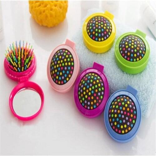 1 Pcs Portable Mini Folding Massage Comb Airbag Massage Round Travel Hair Brush With Mirror Cute Anti-static Rainbow Hairbrush