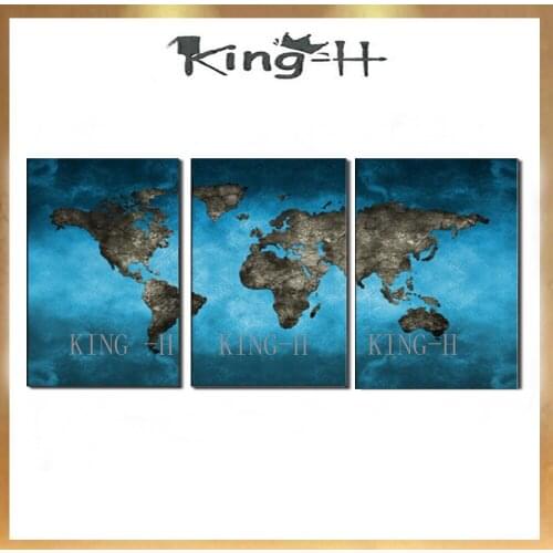 Hand painting 3 piece of map of the world modern abstract canvas wall art for the sitting room the bedroom on the wall