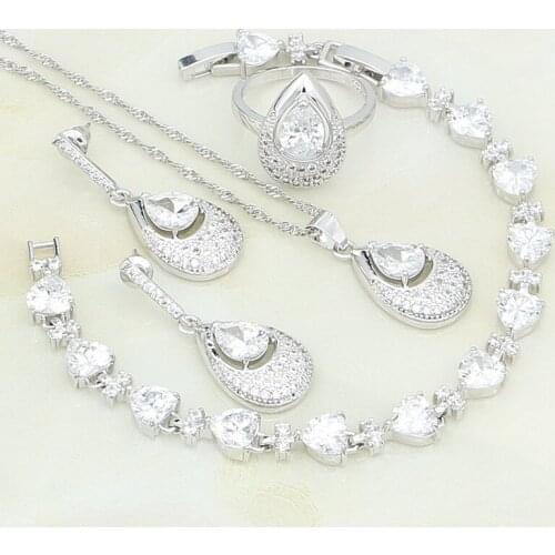 Heart Shaped White Crystal 925 Sterling Silver Jewelry Stud Earrings/Bracelet/Necklace/Pendant/Ring Party Jewelry Sets For Women