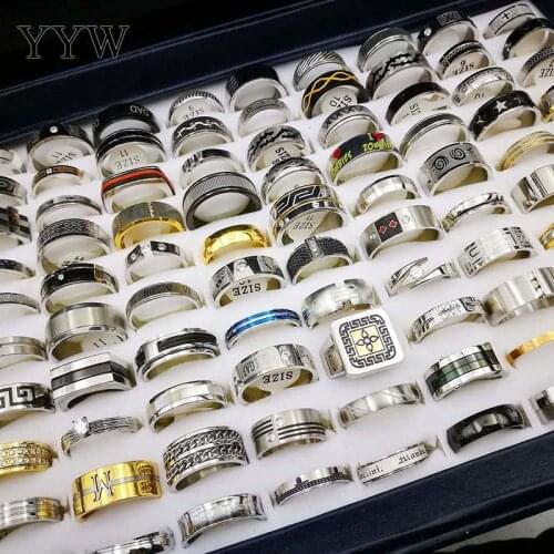 Mixed Style and Size 100PCs/Box Titanium Steel Ring Set Women Men Unisex Fashion Finger Rings US Size 5.5-10
