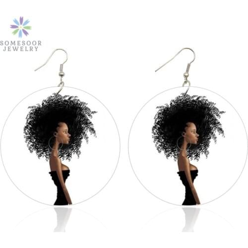 SOMESOOR Printed Big Hoops Woman Afro Wooden Drop Earrings African Natural Hair Black Art Wood Pendant Dangle For Women Gifts