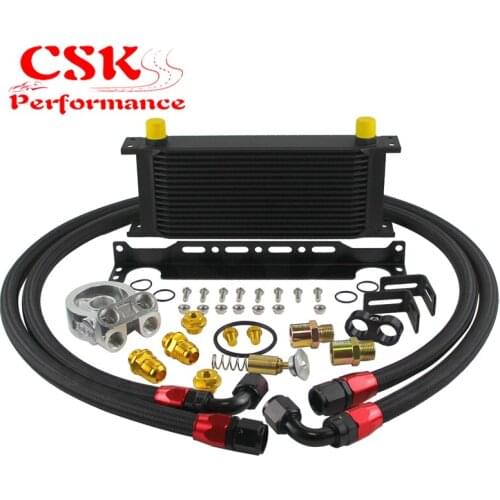 Universal 16 Row Oil Cooler+AN10 Oil Adapter w/Thermostat +Braided Hose Line Kit Silver / Black