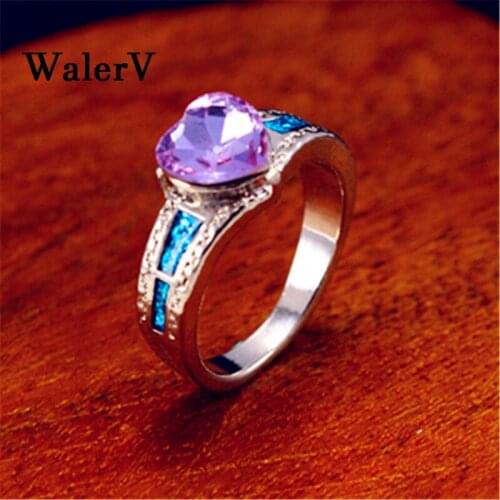 WalerV Ring Fashion Charm High Quality Heart Purple Crystal Imitation Blue Fire Opal Zircon Jewelry For Women Rings