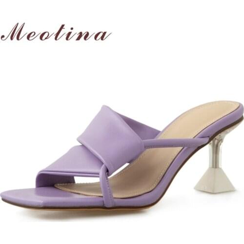 Meotina Women Sandals High Heel Slippers Summer Square Toe Crystal Heel Slides Narrow Band Ladies Footwear Purple White 40