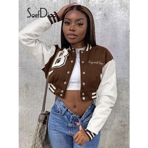 Soefdioo Letter Printed PU Sleeve Patchwork Crop Top Casual Hip Hop Baseball Jacket Women Coats Fall 2021 Fashion Streetwear