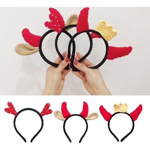 Women Knit Ox Horn Headdress Wool Animal Headband for Halloween Party Christmas Lovely Cosplay Hair Accessories