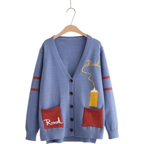 Women Knitted Cardigan Fashion Cartoon Embroidery Pocket Sweater 2020 Long Sleeve Casual Outwears V Neck Single Breasted Coat