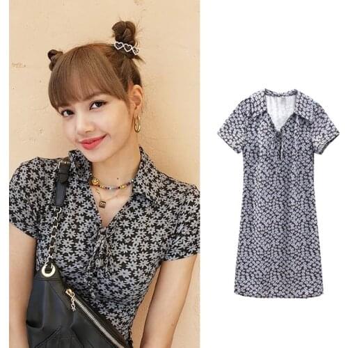 Kpop Korean Celebrity new V-neck High waist temperament lady dress women summer Street flower print Fresh sweet girls dresses