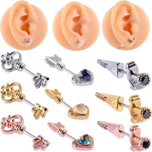 1PC Stainless Steel Barbell Cz Tragus Cartilage Earrings Multicolor Crystal Feather Earrings Korean Fashion Ear Studs 20G